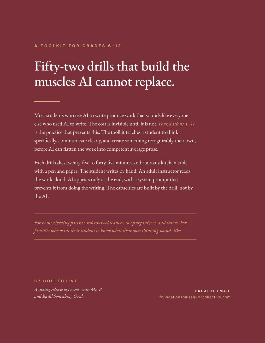 The back cover of Foundations + AI: Fifty-two drills that build the muscles AI cannot replace.