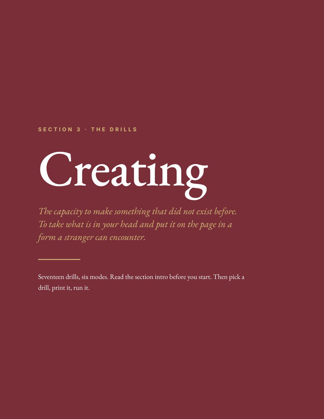 The Creating section opener page.