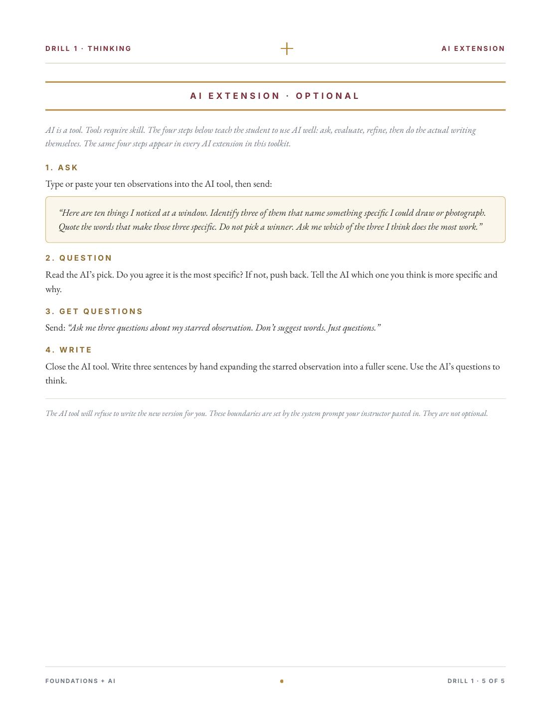 The AI Extension page: optional ten-minute AI session with a four-step structure.