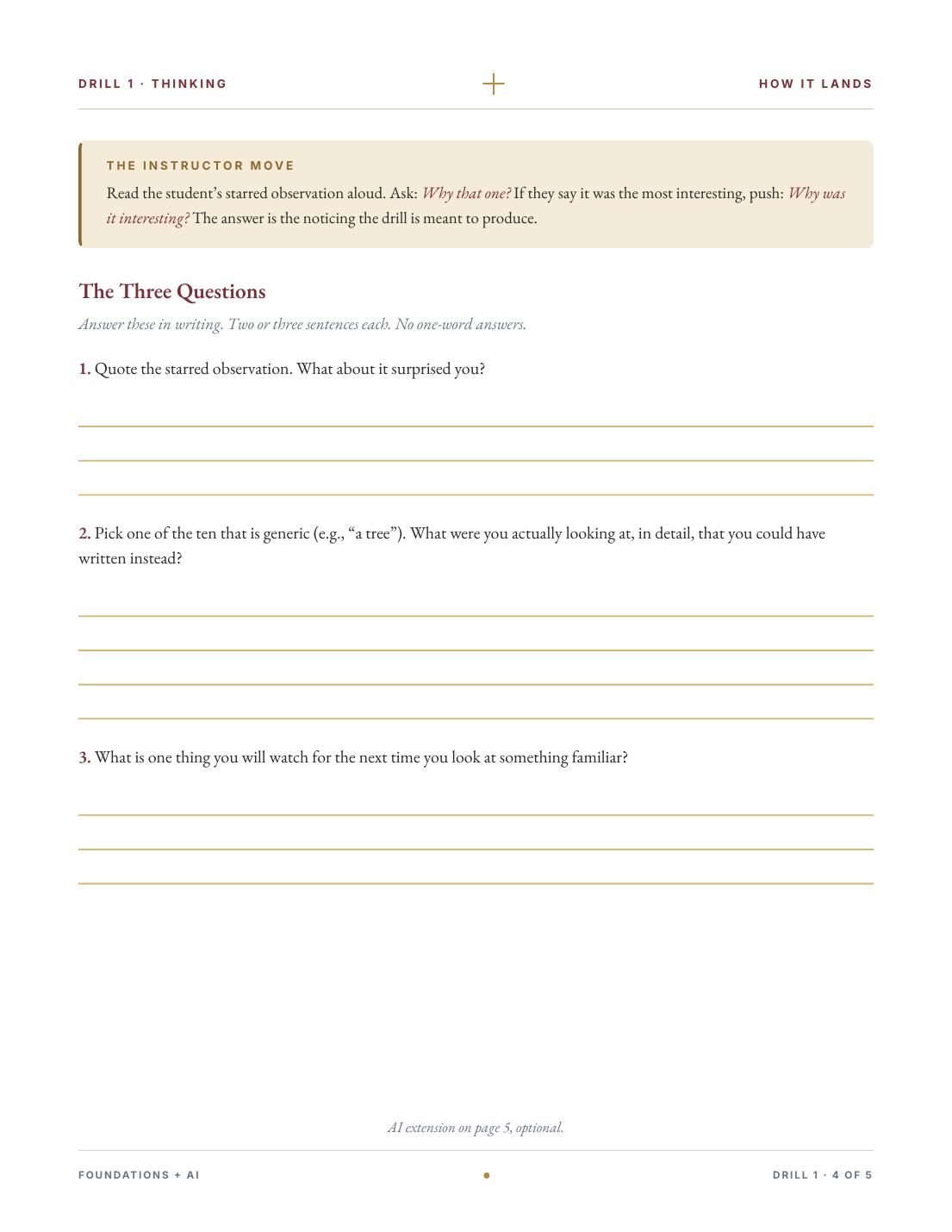 The Three Questions page with gold-line writing space.