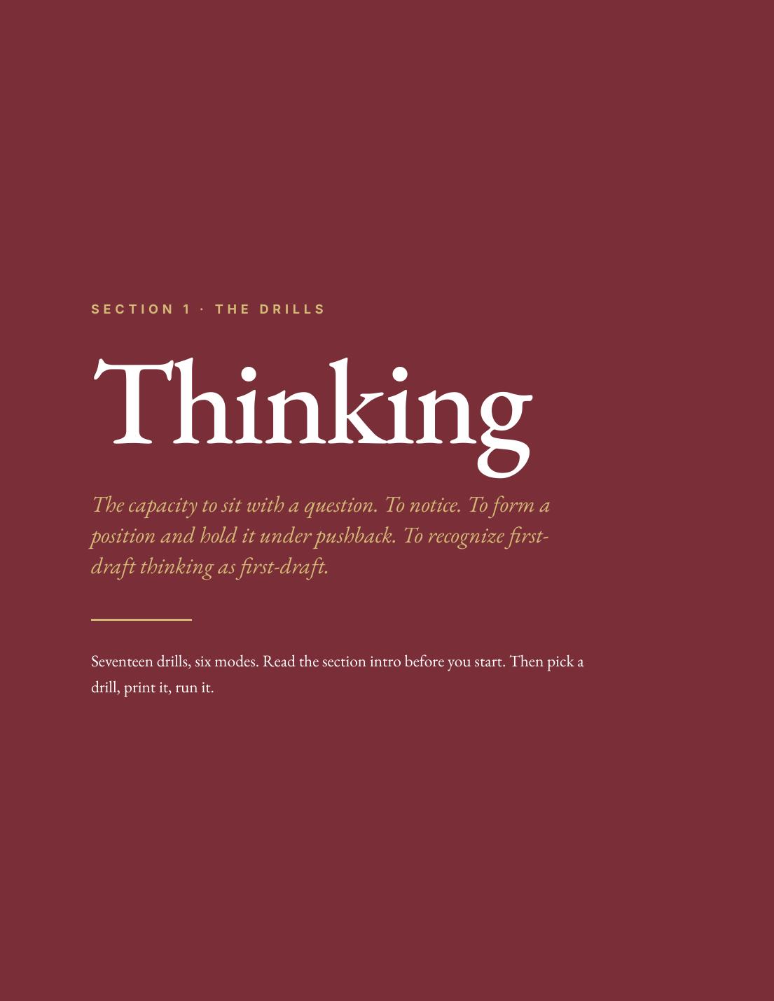 The Thinking section opener. Cream serif title on a deep maroon page.