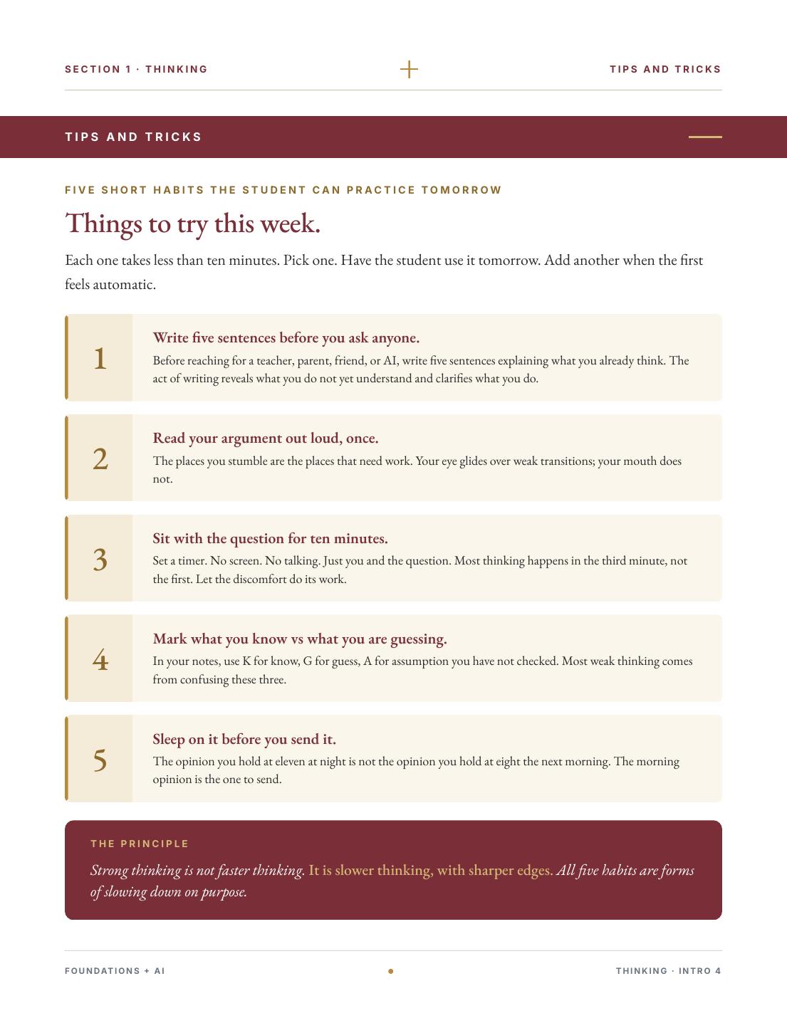 Five short habits the student can practice this week.